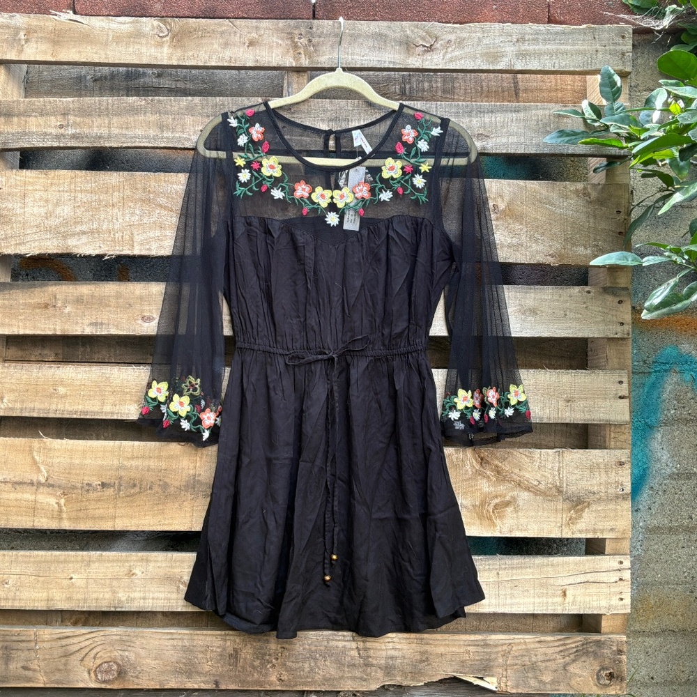TRU SELF Embroidered Mesh Sleeve Dress